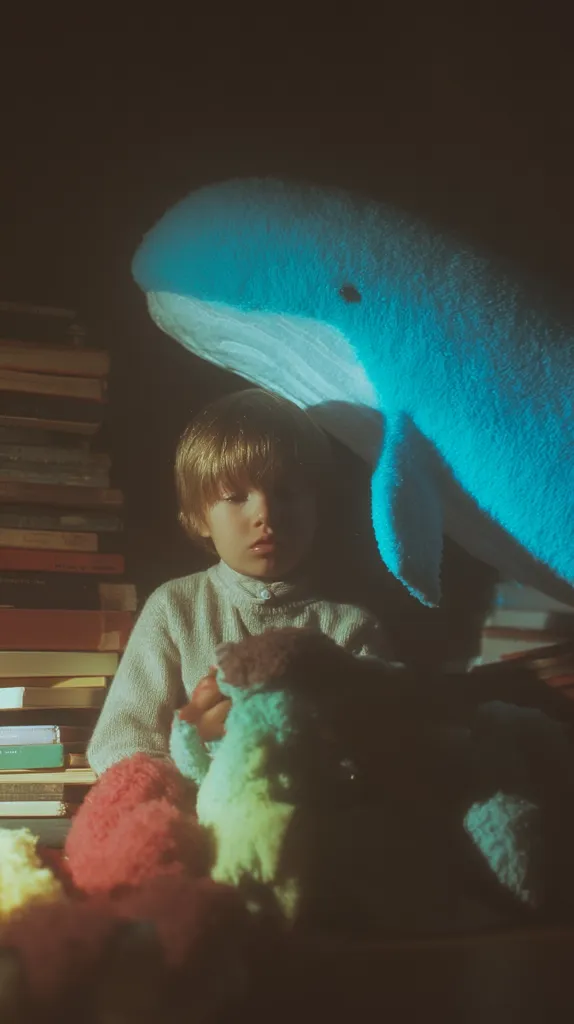A young child with short brown hair sits surrounded by stuffed animals, including a large blue whale plush toy that looms over them.  The child holds a smaller, multicolored plush creature. A stack of books is visible in the background, creating a cozy, dimly lit scene. The overall mood is serene and slightly melancholic.