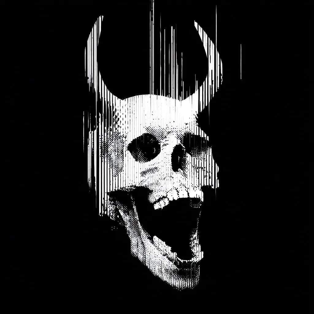 A stylized, monochrome image depicts a skull with horns.  The skull is rendered in a glitching, fragmented style, with vertical lines suggesting digital distortion or data streams. The skull's mouth is wide open in a scream or laugh, adding to the unsettling and dramatic effect. The overall aesthetic is dark, edgy, and possibly suggestive of demonic or supernatural imagery.