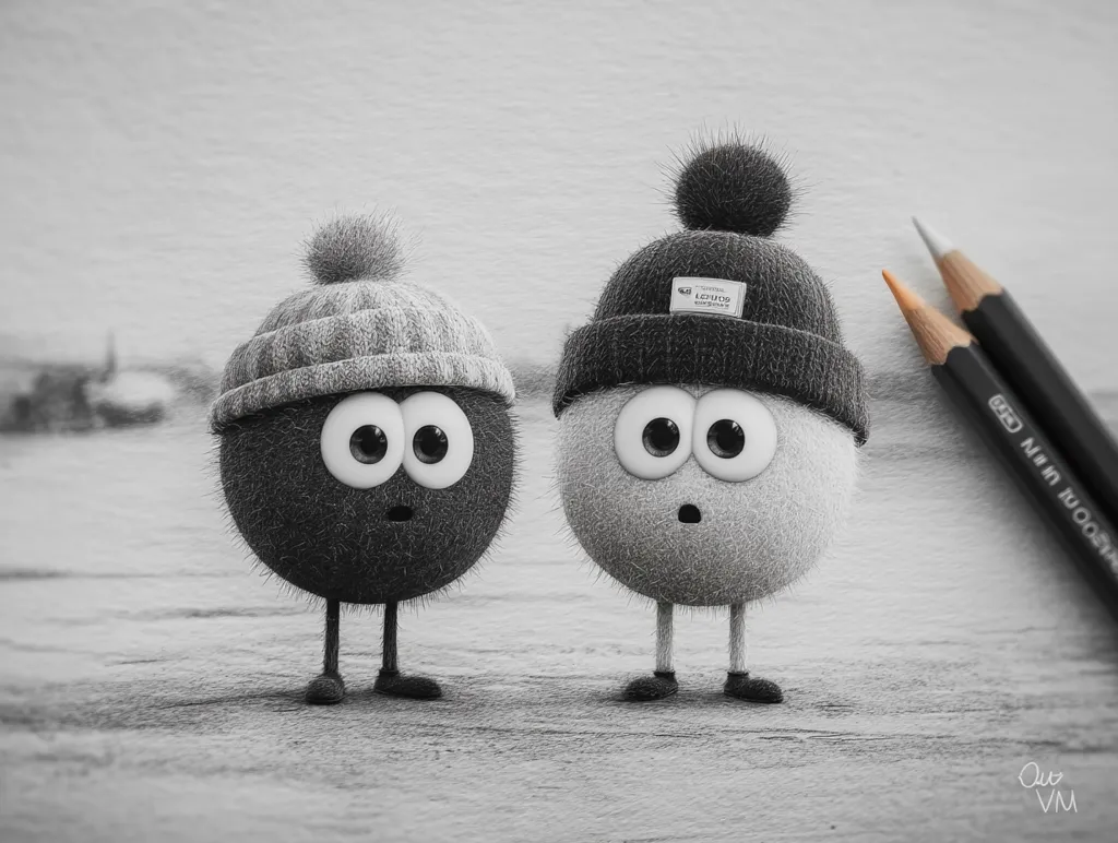 A grayscale digital drawing depicts two adorable, fuzzy, spherical characters wearing knit winter hats.  They have large, expressive eyes and small legs.  One hat is dark and features a small brand label, while the other is lighter. The characters stand on a textured wooden surface, with pencils resting nearby, suggesting the artistic process.  Their surprised expressions add a touch of whimsy to the scene.