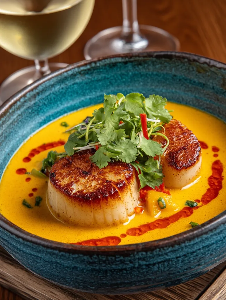 A vibrant teal bowl holds a creamy yellow curry soup, garnished with two perfectly seared scallops and a vibrant cilantro sprig.  A hint of red chili oil swirls through the soup, adding a touch of spice.  Two wine glasses blurred in the background suggest a sophisticated dining experience.  The overall presentation is elegant and appetizing.