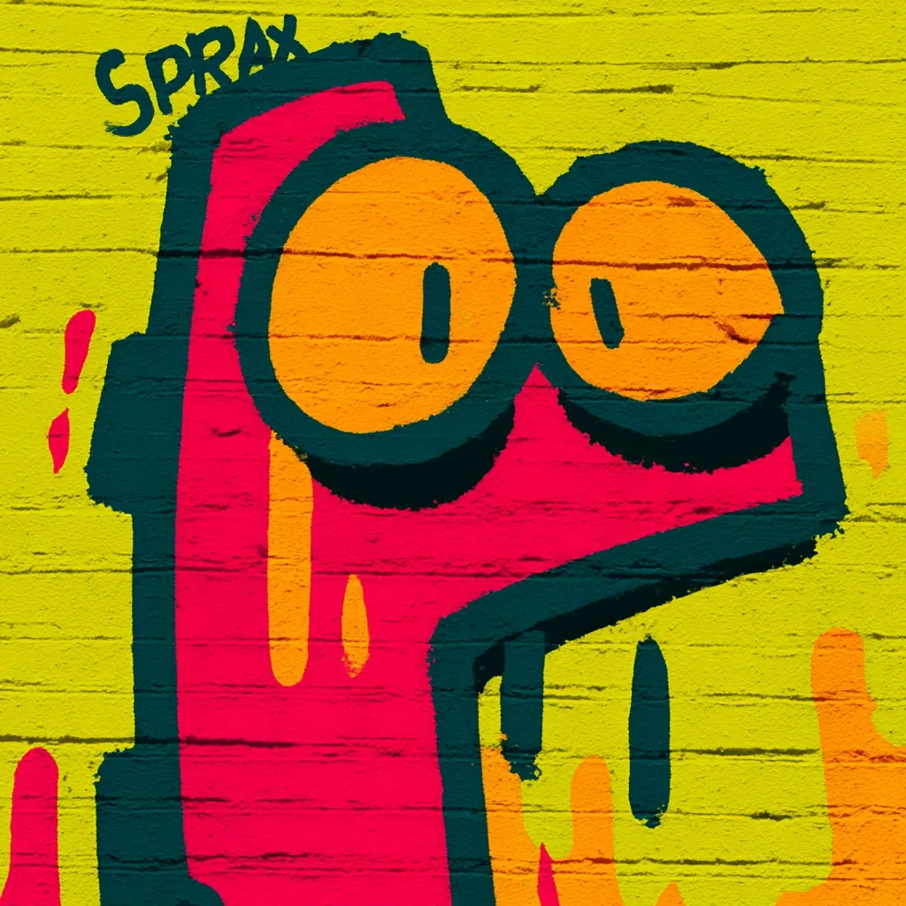 A vibrant graffiti-style artwork depicts a cartoonish creature on a yellow brick wall.  The creature is predominantly pink with large orange eyes and dark teal outlines.  Dripping paint effects add to the dynamic feel.  The word "SPRAX" is scrawled near the top, suggesting a tag or artist's signature. The overall style is bold, playful, and reminiscent of street art.