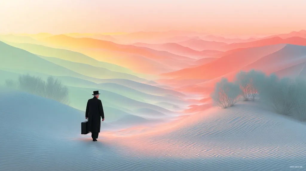 A lone figure in a black coat and top hat walks across a surreal, pastel-colored desert landscape.  The sand dunes are soft and undulating, transitioning from pale green to vibrant orange under a hazy, sunrise sky.  The man carries a briefcase, his back turned to the viewer, creating a sense of mystery and journey.  Sparse, ethereal bushes dot the scene. The overall mood is calm, contemplative, and dreamlike.