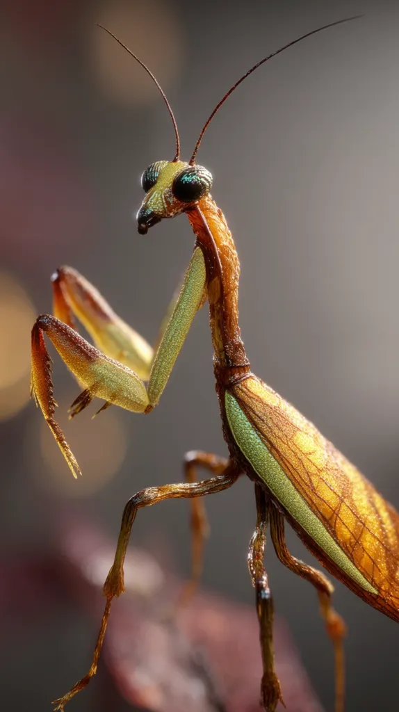 A detailed close-up reveals a praying mantis, its iridescent green and amber body catching the light.  The insect's delicate, spiny legs are intricately detailed, and its large, multifaceted eyes gleam.  The mantis perches on a blurred, out-of-focus background, emphasizing its captivating features. The image showcases the mantis's predatory stance and intricate anatomy.