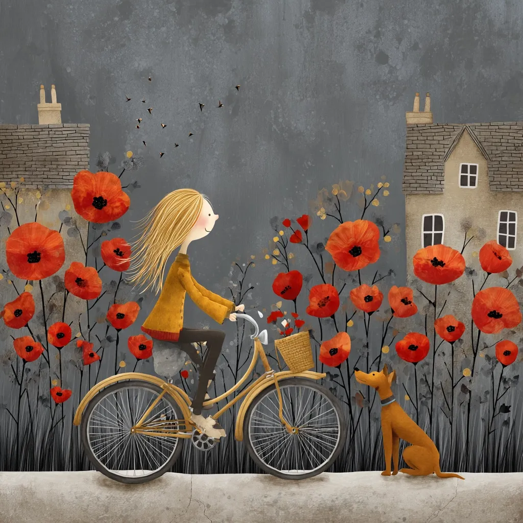 A whimsical illustration depicts a girl with long blonde hair riding a bicycle past a vibrant field of red poppies.  A small brown dog sits patiently beside the path, watching her.  The background features quaint houses and a muted grey sky, adding to the charming, peaceful atmosphere.  Small flying insects are subtly incorporated above the flowers. The overall style is soft and illustrative.