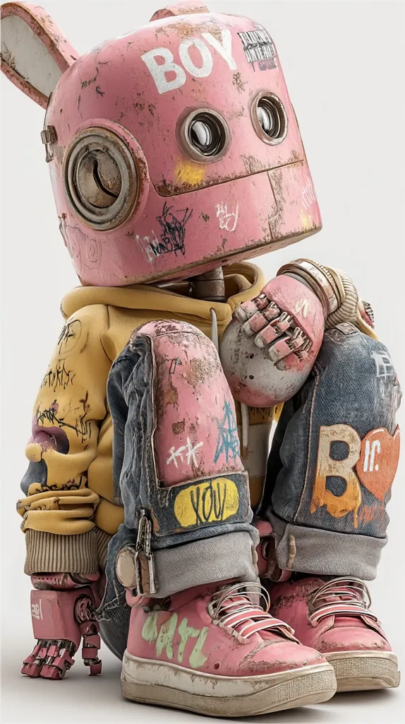 A pink robot with bunny ears sits wearing a yellow hoodie, distressed jeans, and pink sneakers.  The robot's body and clothing are covered in graffiti-style markings and wear, giving it a grunge aesthetic.  The word "BOY" is prominently displayed on its head.  The robot's pose is relaxed, with its hands resting on its knees.  The overall style is a blend of cute and street-wise.