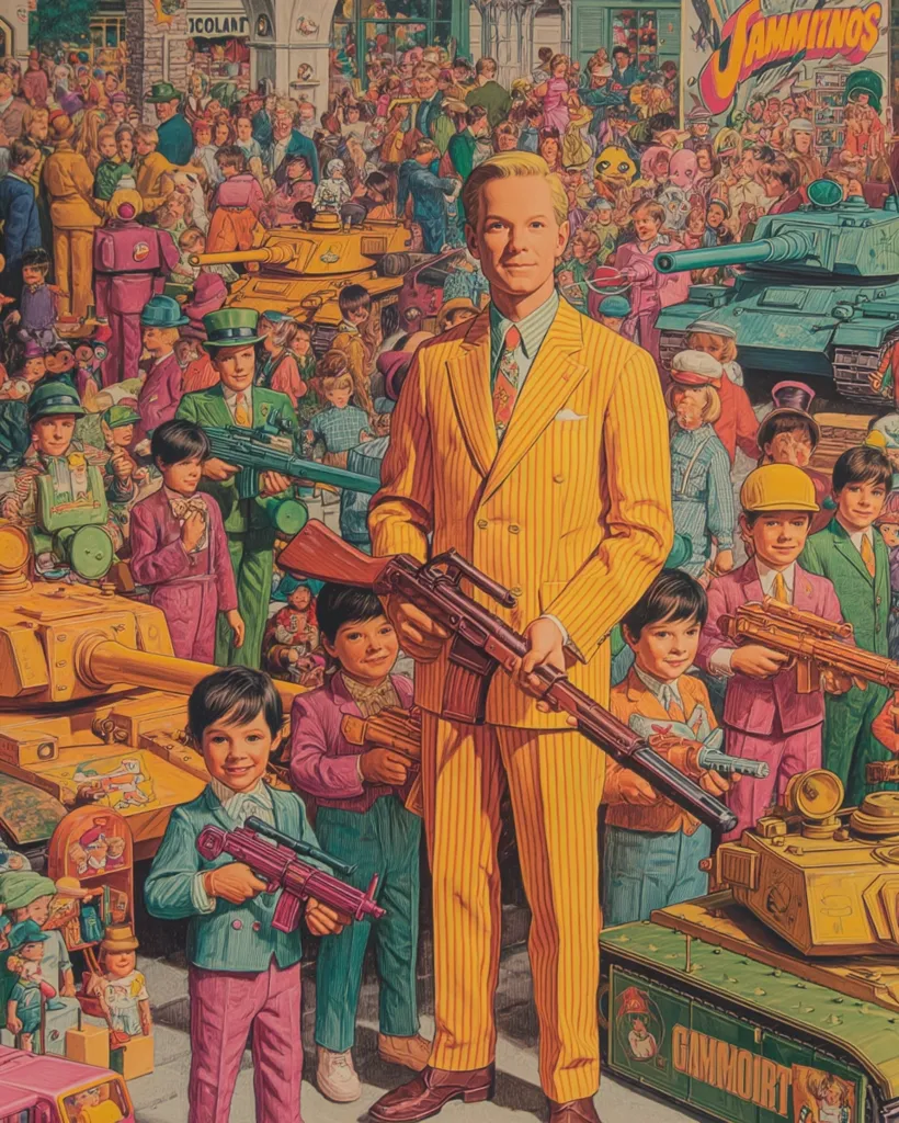 A man in a yellow pinstripe suit stands prominently, holding a large rifle.  He's surrounded by a multitude of children, many holding toy weapons, and toy tanks. The scene is busy and colorful, reminiscent of a 1970s illustration, with a large crowd of people in the background.  The overall impression is one of playful militarism, with a slightly unsettling undertone.