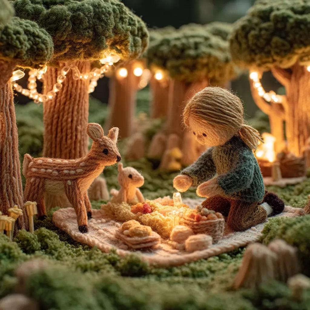A charming miniature scene depicts a girl enjoying a picnic in a yarn-crafted forest.  Softly lit by fairy lights strung between trees, she sits on a blanket with two fawn companions.  The meticulously detailed figures and setting create a whimsical, heartwarming atmosphere, evoking a sense of peace and tranquility.  The warm lighting adds to the cozy ambiance of this enchanting miniature world.