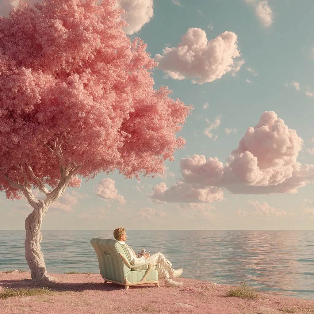A serene digital artwork depicts a person relaxing in a pastel-green armchair beneath a vibrant pink tree.  The tranquil scene unfolds by a calm ocean under a soft, pastel sky filled with fluffy clouds. The overall aesthetic is dreamy and peaceful, suggesting a sense of calm and escape. The pink tones dominate the image, creating a whimsical and romantic atmosphere.