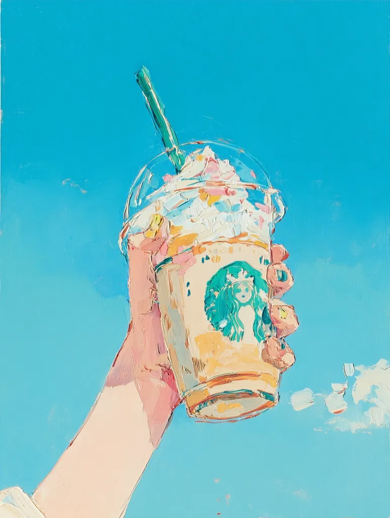 A vibrant, impressionistic painting depicts a hand holding a Starbucks Frappuccino against a bright blue sky.  The thick, textured paint strokes create a lively and energetic feel.  Whipped cream tops the drink, and the Starbucks logo is visible.  The style is playful and summery, conveying a feeling of carefree enjoyment.