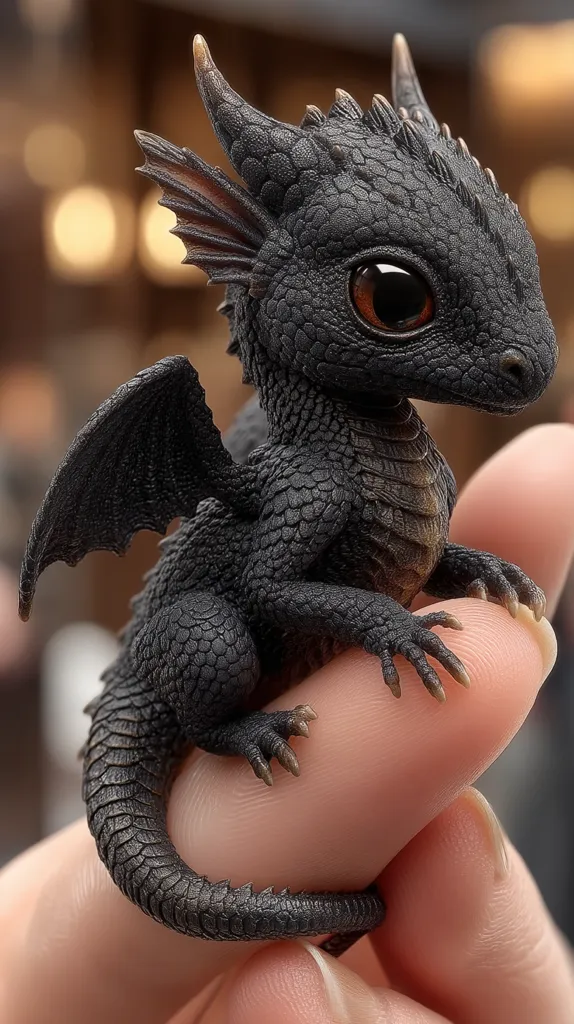 A tiny, adorable black dragon rests gently on a person's finger.  Its scales are meticulously detailed, and its large, expressive eyes are captivating.  Small horns and delicate wings complete its charming appearance. The dragon's pose is serene, and its overall miniature size emphasizes its cuteness.  The image is highly realistic and digitally enhanced.