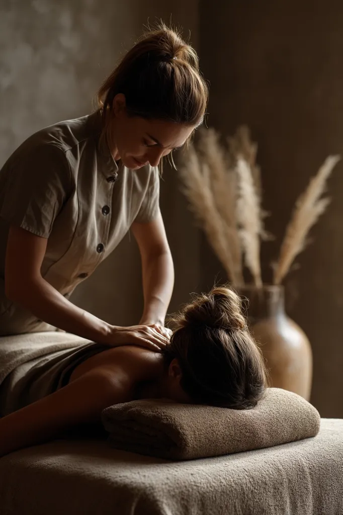 A masseuse in a beige uniform gently massages the back of a client lying face down on a massage table. The room is dimly lit, with dried flowers in a vase in the background. The scene is serene and emphasizes the relaxation and therapeutic nature of the massage.  The focus is on the hands of the masseuse and the client's relaxed posture.