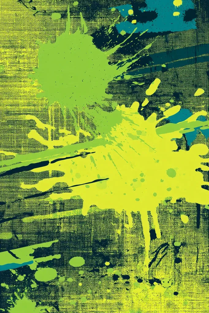 An abstract image dominated by vibrant lime green and chartreuse paint splatters on a textured, dark green background.  The splatters are dynamic, with various sizes and directions, creating a sense of movement and energy.  Smaller teal and black splashes are interspersed, adding contrast and depth. The underlying texture resembles a coarse canvas or fabric. The overall effect is bold and expressive, reminiscent of action painting.