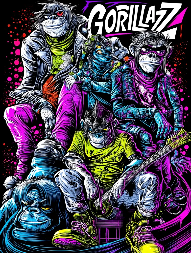 A vibrant, stylized artwork depicts the Gorillaz band members in a dynamic composition.  Rendered in bold, neon colors and sharp lines, the illustration showcases the band's signature cartoonish gorilla aesthetic.  The characters are engaging in various poses, some playing instruments, others striking dramatic stances.  The "Gorillaz" logo is prominently displayed, adding to the overall energetic and visually striking piece.
