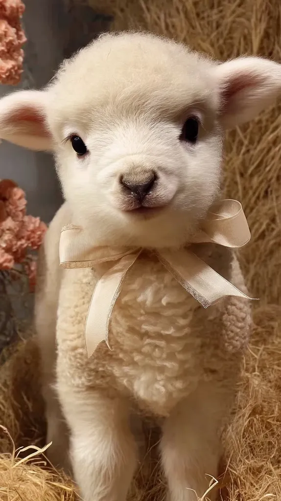 An adorable fluffy lamb, almost entirely white, stands amidst dried hay.  It wears a delicate beige ribbon bow around its neck.  The lamb's large, dark eyes and innocent expression create a charming and heartwarming image.  The background features muted, pastel-colored dried flowers adding to the soft, gentle aesthetic.