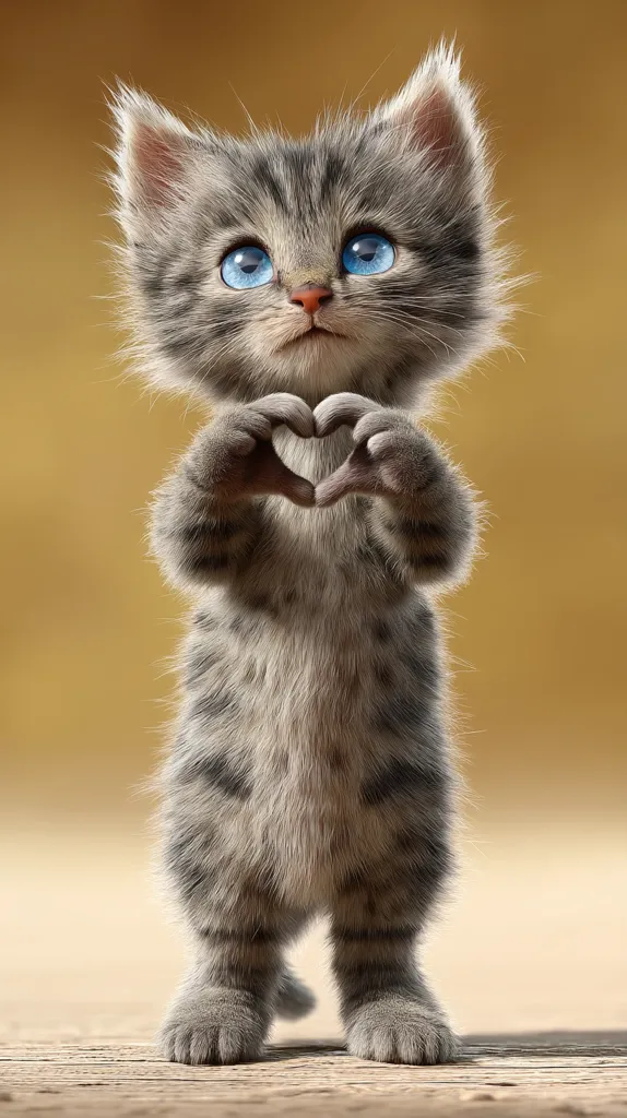 An adorable grey kitten with bright blue eyes stands on its hind legs, its paws forming a heart shape.  The fluffy kitten's endearing pose and expressive eyes create a heartwarming image.  The soft, muted background complements the kitten's charming features. The overall impression is one of innocence and affection.
