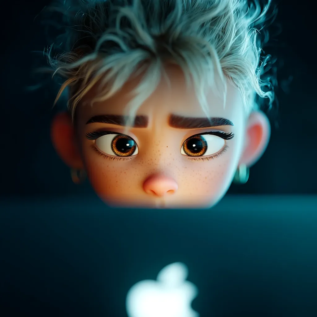 A close-up shot reveals a stylized 3D animated character, a young person with short, light blonde hair, peering intently at a laptop screen.  Their large, expressive brown eyes and slightly freckled face convey a sense of focus and curiosity.  The dimly lit background emphasizes the character's concentration on the glowing screen, which shows a faintly visible Apple logo. The image is high-quality, with detailed rendering of the character's features and texture.