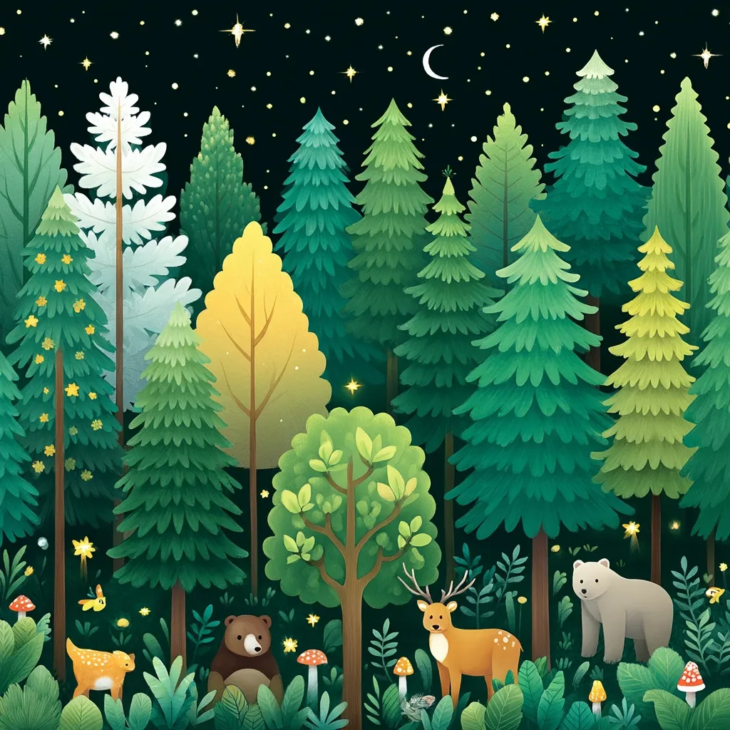A whimsical illustration depicts a nocturnal forest scene under a starry sky and crescent moon.  Various types of trees, including evergreens and deciduous trees, are rendered in shades of green and yellow.  The forest floor showcases lush vegetation, mushrooms, and small animals including a deer, two bears, and a fawn. The overall style is cute and charming.