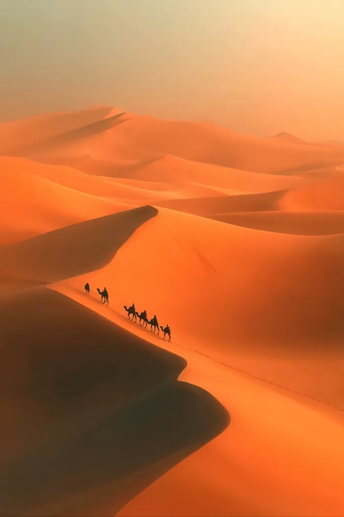 A caravan of camels, silhouetted against the vibrant orange hues of a vast, rolling desert landscape, traverses a gently sloping dune under a warm, sunset sky. The scene evokes a sense of journey and the timeless beauty of the Sahara.  The camels and riders appear small against the immense scale of the sand dunes, emphasizing the desert's grandeur.