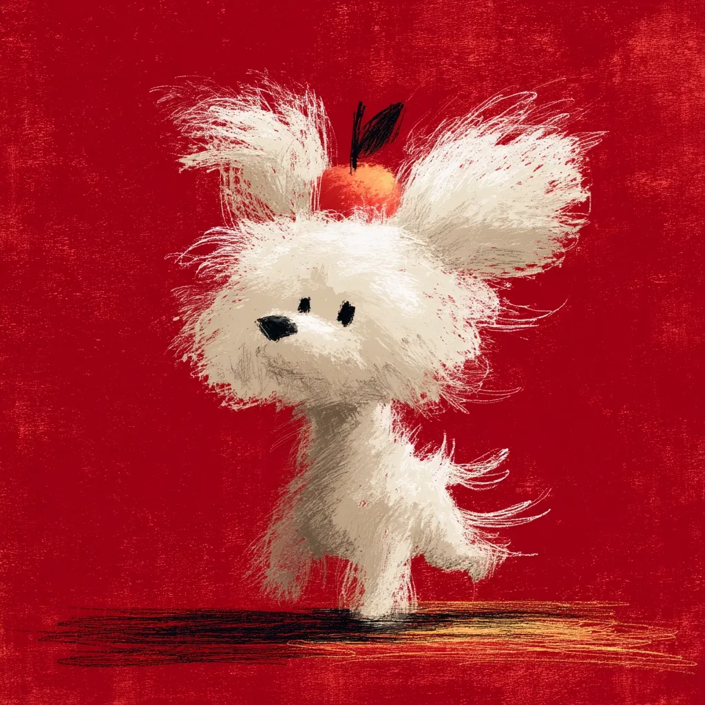 A whimsical illustration of a fluffy white dog stands against a vibrant red background.  The dog, depicted in a painterly style, appears to be a small breed with large, expressive ears. A small, red apple sits atop its head, adding a touch of playful whimsy. The texture of the artwork is rough and expressive, resembling a digital painting.