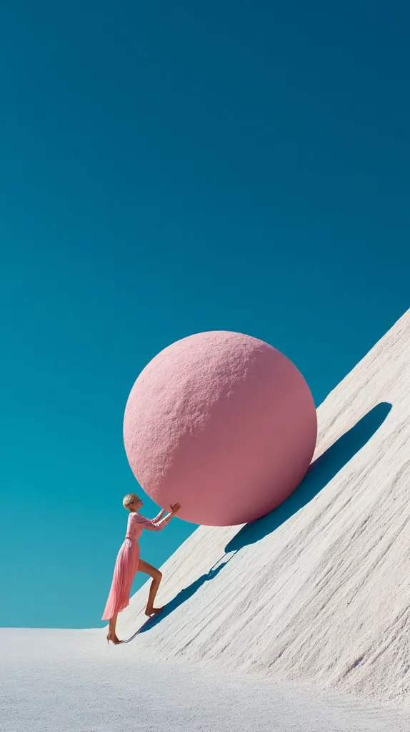 A woman in a pink dress pushes a large, pale pink sphere up a white sand dune against a vibrant blue sky.  The scene is minimalist and surreal, emphasizing the contrast between the woman's apparent effort and the soft, pastel colors of the environment.  The image evokes a sense of struggle and perseverance.