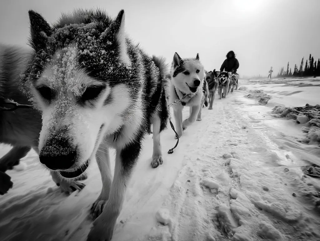 A pack of sled dogs, led by a majestic husky covered in snow, trots through a snowy landscape.  The dogs are harnessed together, following a musher in the distance. The monochrome image emphasizes the stark beauty of the winter scene and the power of the working dogs.  The lead dog's focused gaze adds to the overall sense of purpose and determination.
