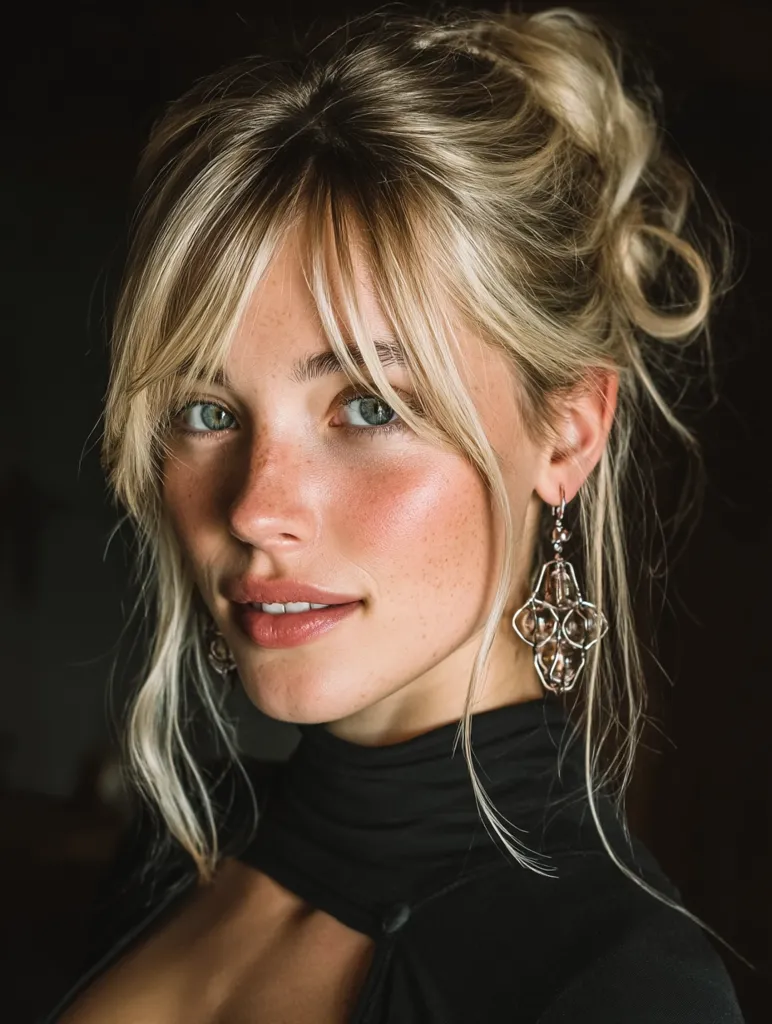 Close-up portrait of a young woman with blonde hair styled in a half-updo with curtain bangs.  She has light skin, freckles, and blue eyes. She's wearing a black turtleneck top and delicate, ornate earrings. The image is softly lit, creating a warm and intimate mood.  Her expression is serene and slightly smiling.
