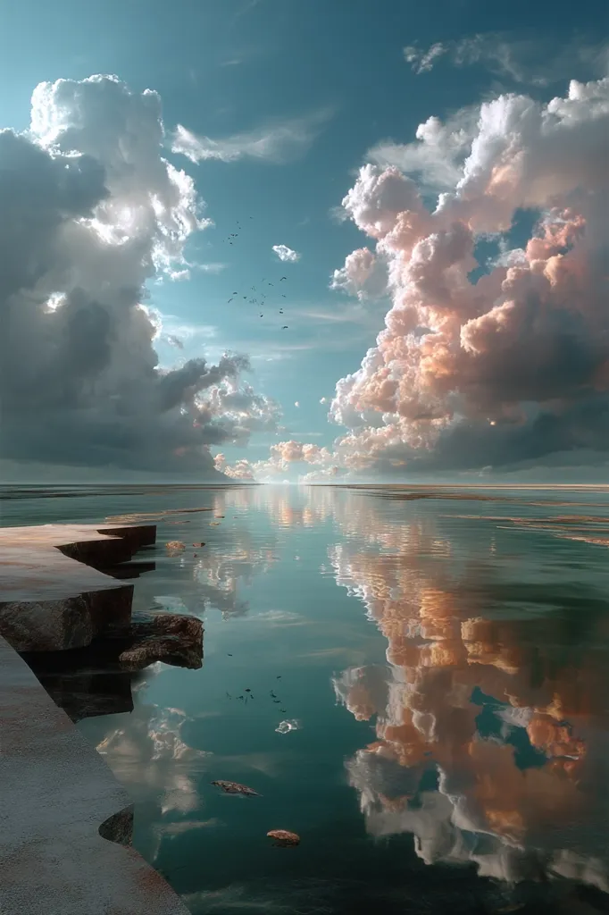 A serene landscape unfolds, showcasing a tranquil body of water mirroring a breathtaking sky.  Large, fluffy clouds, tinged with warm hues, dominate the heavens, their reflections perfectly captured in the still water.  A few birds fly in formation, adding a sense of movement to the otherwise peaceful scene.  The calm water and dramatic clouds create a captivating and idyllic image.