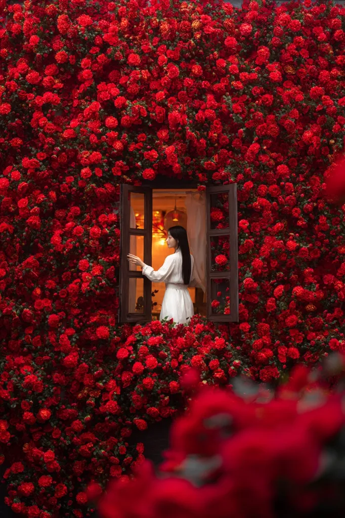 A woman in a white dress stands in a window framed by a wall entirely covered in vibrant red roses.  The roses are dense and lush, creating a breathtaking floral backdrop.  The warm light from inside the room contrasts with the rich red of the blossoms, creating a romantic and enchanting scene. The overall image is one of beauty and serenity.