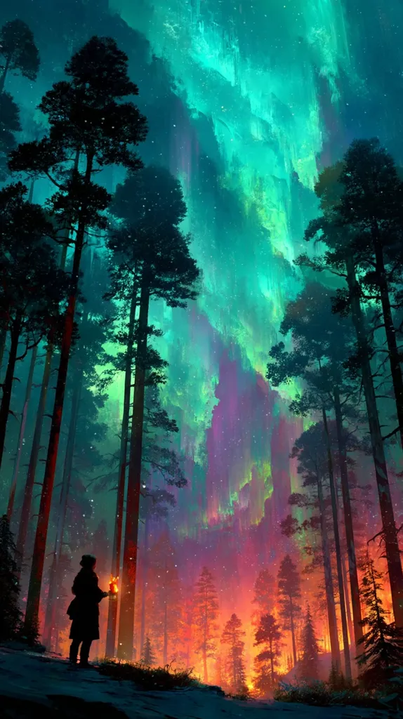 A lone figure, silhouetted against a vibrant aurora borealis, stands in a snow-dusted forest.  The ethereal, multi-colored lights of the aurora fill the sky, casting an enchanting glow on the tall, dark trees.  A warm, fiery light emanates from the forest floor, contrasting with the cool tones of the night sky. The scene is surreal and captivating, suggesting a magical or mystical atmosphere.