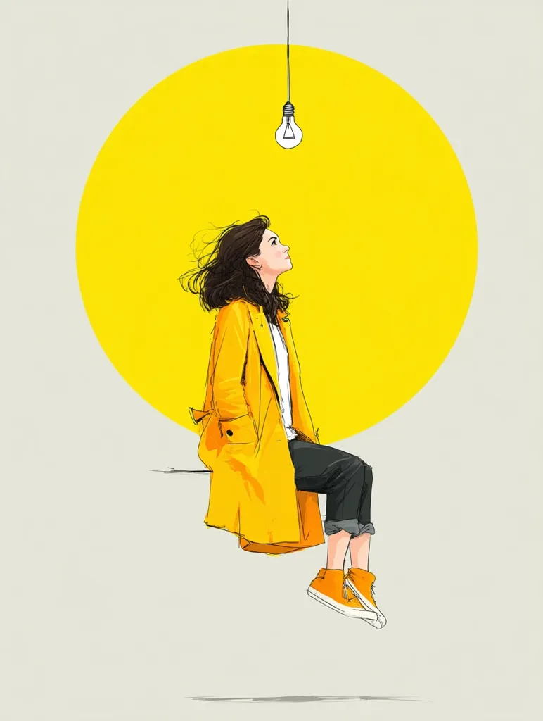 A stylized illustration depicts a young woman in a yellow coat, sitting and gazing upward at a lightbulb hanging from above against a large yellow circle backdrop.  Her pose suggests contemplation or inspiration. The overall style is minimalist and subtly uses color to create a mood of optimism and creativity.  The image evokes a feeling of hope and potential.