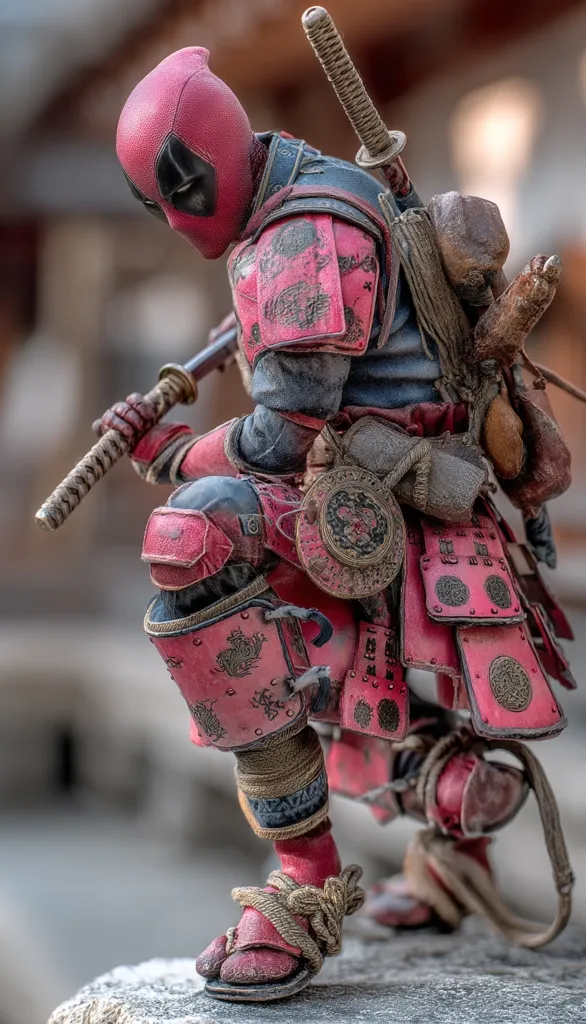 A detailed close-up of a Deadpool action figure, meticulously crafted in the style of a samurai warrior.  Clad in weathered, red and pink armor with intricate designs, he wields a katana.  The figure's pose is dynamic, suggesting movement and action.  The backdrop is blurred, focusing attention on the figure's intricate details and textured attire.  The overall aesthetic is a blend of superhero and historical Japanese styles.