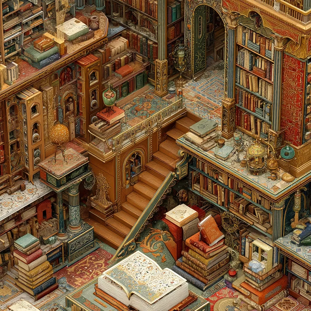 A meticulously detailed miniature library overflows with books, antique furnishings, and ornate architecture.  Wooden staircases wind through intricately carved shelves, leading to hidden alcoves.  Richly colored rugs and patterned details adorn the floor, complementing the gilded wood and stacks of leather-bound volumes.  The scene evokes a sense of both wonder and scholarly depth.