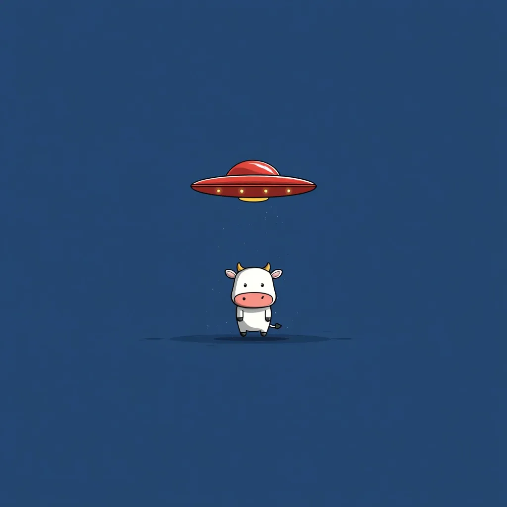 A minimalist illustration depicts a cute, cartoon cow standing below a red UFO against a dark blue background.  The cow appears small and innocent, creating a humorous juxtaposition with the hovering spacecraft.  The scene is simple yet intriguing, suggesting a playful narrative of an alien encounter.  The overall style is clean and modern.