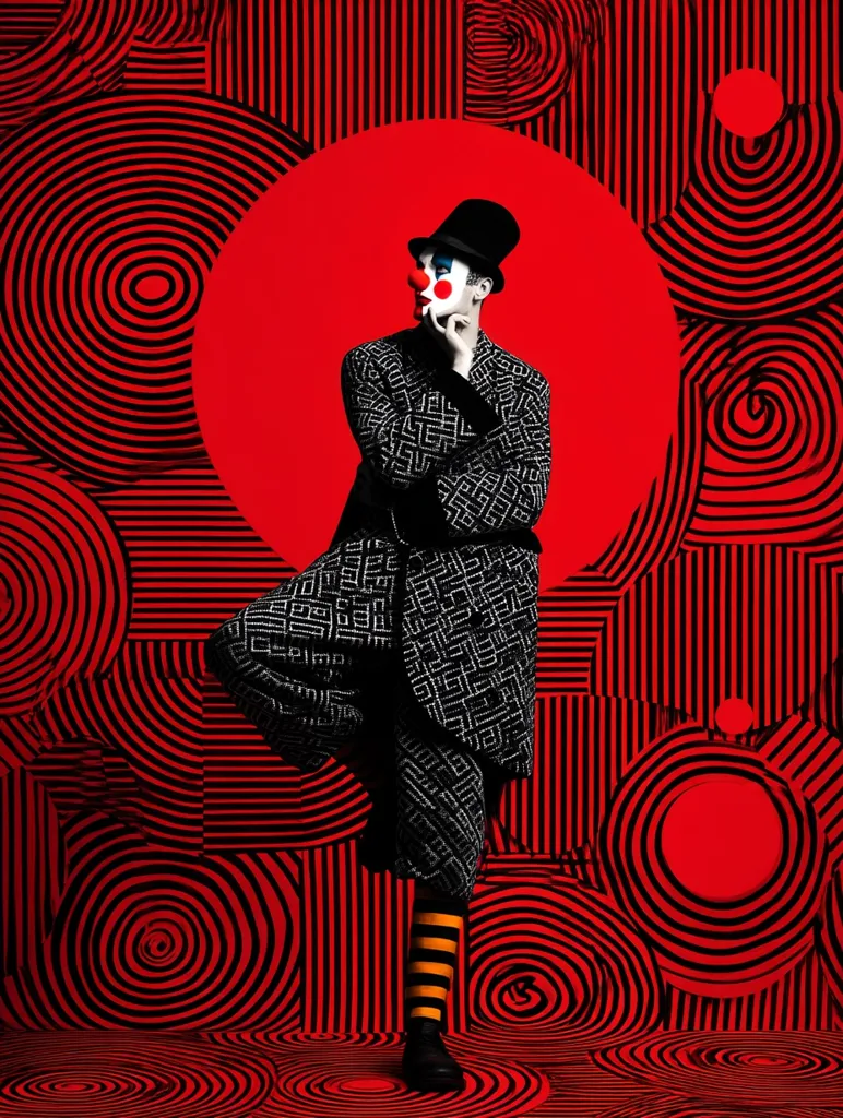 A clown in a black and white patterned coat stands on one leg against a vibrant red and black circular pattern backdrop.  The clown's face is painted, and they wear a black top hat and striped socks. The pose is contemplative, their hand resting on their chin. The overall image is striking in its contrast of colors and patterns.