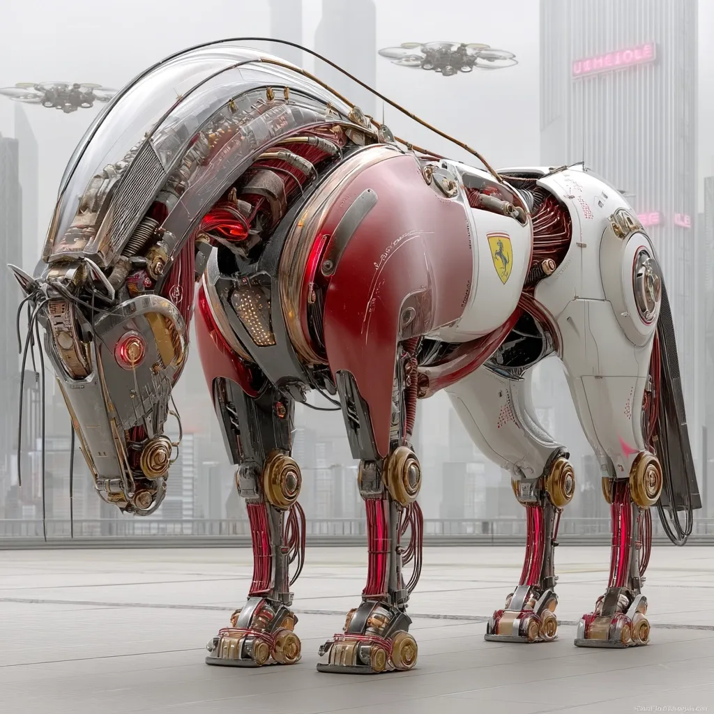 A highly detailed 3D rendering showcases a robotic horse, intricately designed with exposed gears, wiring, and a transparent headpiece.  Its body is a blend of red, white, and metallic tones, incorporating the Ferrari logo.  The horse stands on a futuristic cityscape backdrop, with small drones visible in the distance.  The overall aesthetic is a blend of steampunk and cyberpunk influences.
