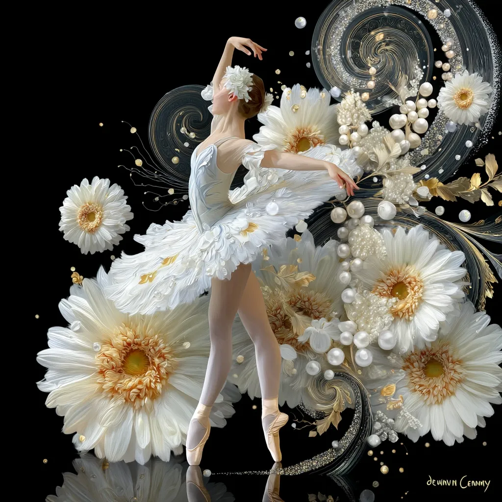 A ballerina in a white tutu gracefully poses amidst a breathtaking array of white gerbera daisies and shimmering pearls.  Elegant gold swirls and sparkling accents create a luxurious backdrop against a deep black. The image is a captivating blend of classical ballet and floral artistry, radiating grace and beauty.  The artist's signature is subtly placed in the lower right corner.