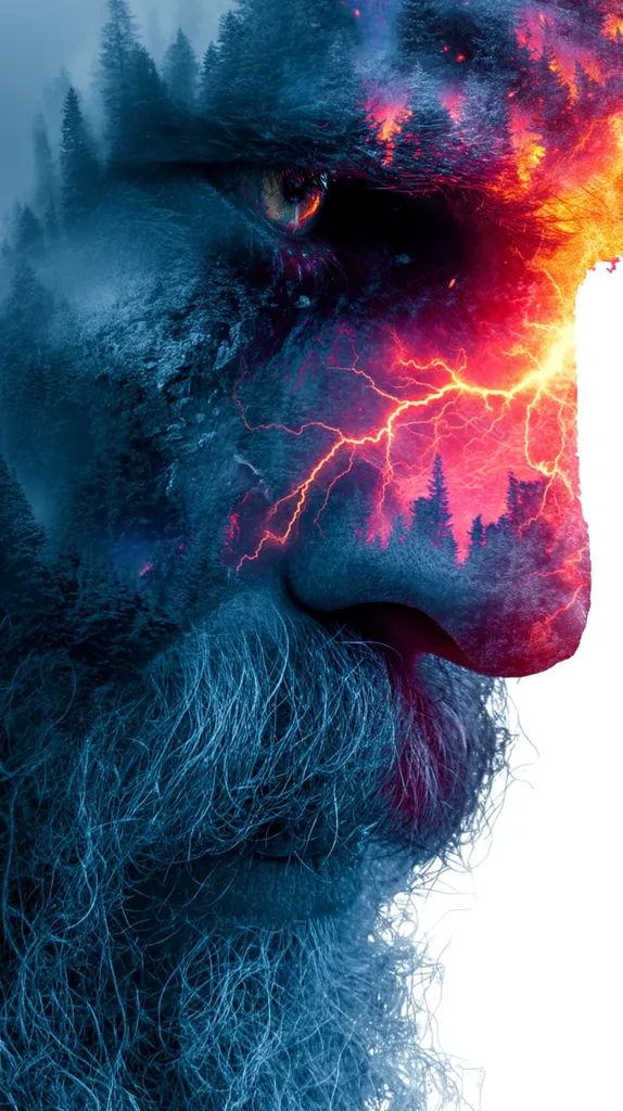 A double exposure image depicts a bearded man's face, overlaid with a landscape of a forest fire and a wintery forest.  Fiery lightning bolts crack across the face, merging the contrasting natural scenes. The man's eye is particularly striking, reflecting the intense energy of the superimposed images.  The overall effect is a powerful and surreal representation of nature's duality and raw power.