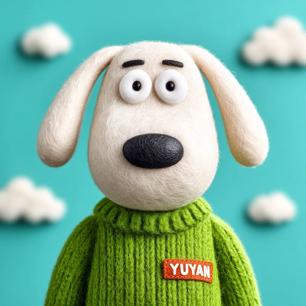 A charming needle-felted dog, wearing a green sweater with a "Yuyan" name tag, is the focus.  Its large, expressive eyes and slightly furrowed brow convey a curious or thoughtful expression.  The dog is set against a teal backdrop adorned with small, fluffy clouds, enhancing the whimsical, childlike quality of the image.  The texture of the wool is clearly visible, adding to the handmade appeal.