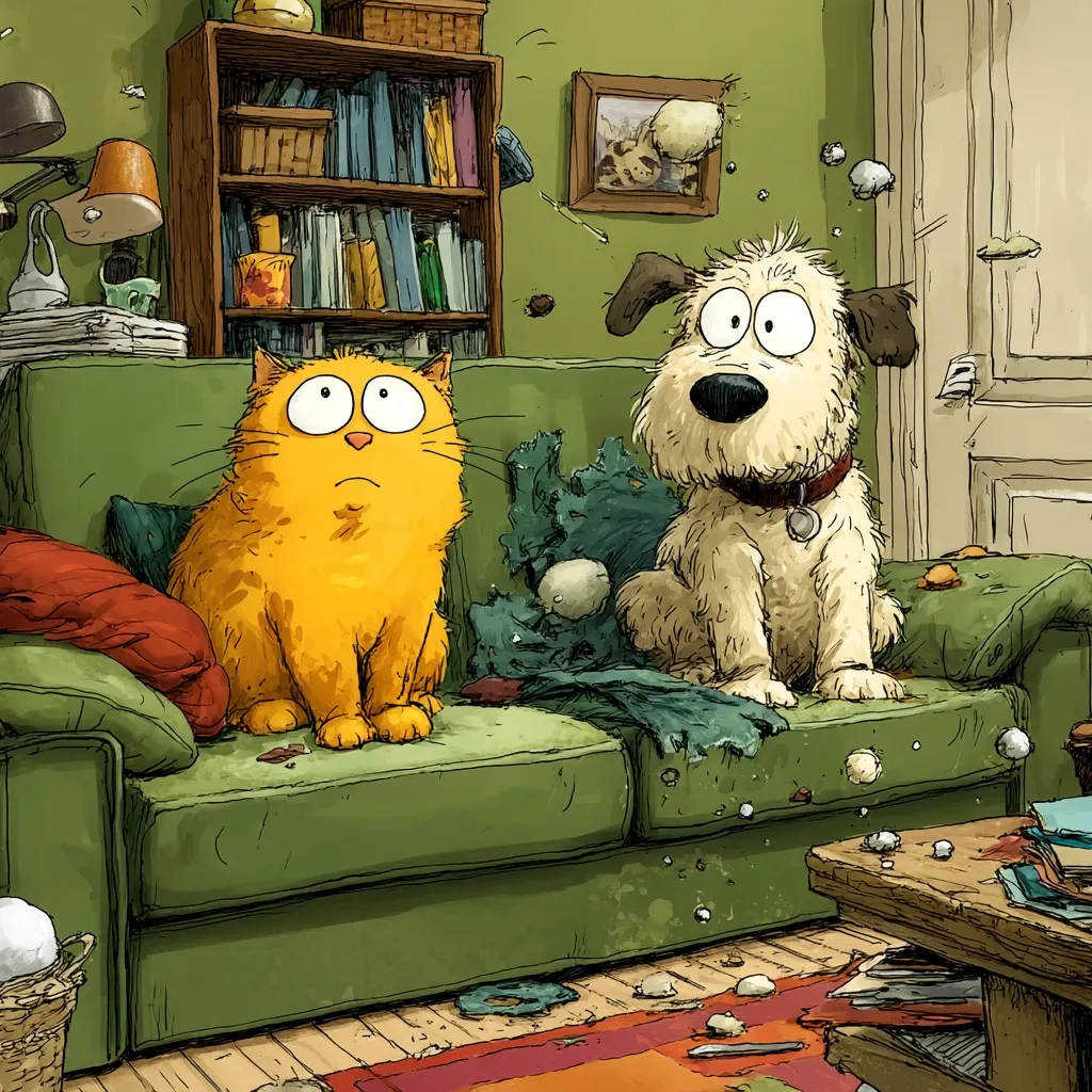 A cartoon illustration depicts an orange cat and a fluffy white dog sitting on a green couch amidst chaos.  The room is cluttered, with debris scattered on the floor and couch.  The cat appears surprised or concerned, while the dog looks slightly mischievous.  Bookshelves and a framed picture are visible in the background, adding to the lived-in, slightly messy atmosphere of the scene.  The overall style is whimsical and slightly humorous.