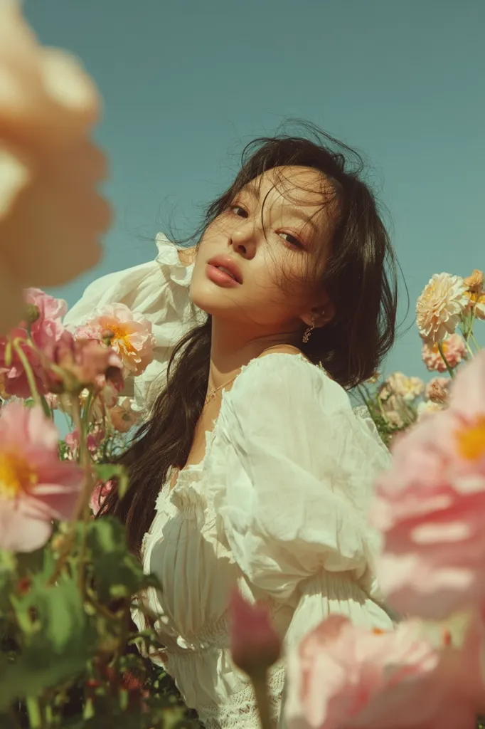 A young woman with dark hair, wearing a white, off-the-shoulder blouse, is partially obscured by pink flowers.  She looks directly at the camera, her expression serene. The setting appears to be a flower field under a bright, sunny sky. The image is soft and dreamy, with a vintage aesthetic.  The overall mood is romantic and peaceful.