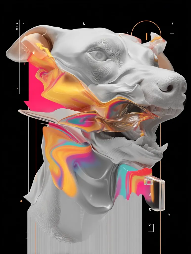 A digital artwork depicts a stylized dog's head, rendered in grayscale, overlaid with vibrant, swirling abstract forms in hues of pink, orange, and teal.  The style blends classical sculpture with a modern, digital aesthetic.  Geometric lines and letter markings are subtly incorporated into the design, creating a complex and visually arresting image. The contrast between the realistic dog head and the abstract elements is striking.
