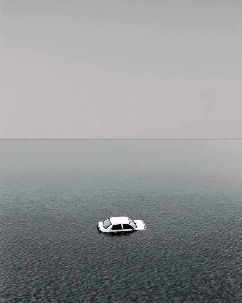 A single, white car is partially submerged in a calm, gray body of water.  The sky mirrors the water's muted tone, creating a minimalist and somewhat melancholic scene. The car sits low in the water, only the top visible, suggesting it is either sinking or already settled.  The overall image conveys a sense of solitude and quietude.