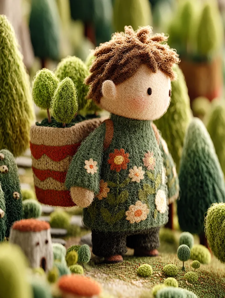 A charming 3D-rendered illustration depicts a small, whimsical figure, resembling a child, carrying a potted plant.  The figure is dressed in a green, floral-patterned sweater and dark pants. The setting is a miniature, stylized forest with textured, mossy trees and ground cover.  The overall aesthetic is soft, inviting, and evokes a sense of gentle adventure.