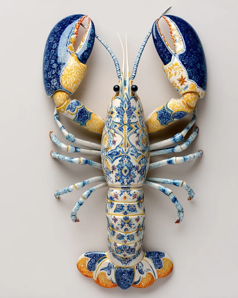 A meticulously crafted lobster sculpture is showcased, adorned with intricate blue, white, and gold patterns reminiscent of Delftware pottery.  The detailed design extends across the entire crustacean, from its claws to its tail, creating a striking visual effect against a plain white background. The artwork displays exceptional artistry and attention to detail.