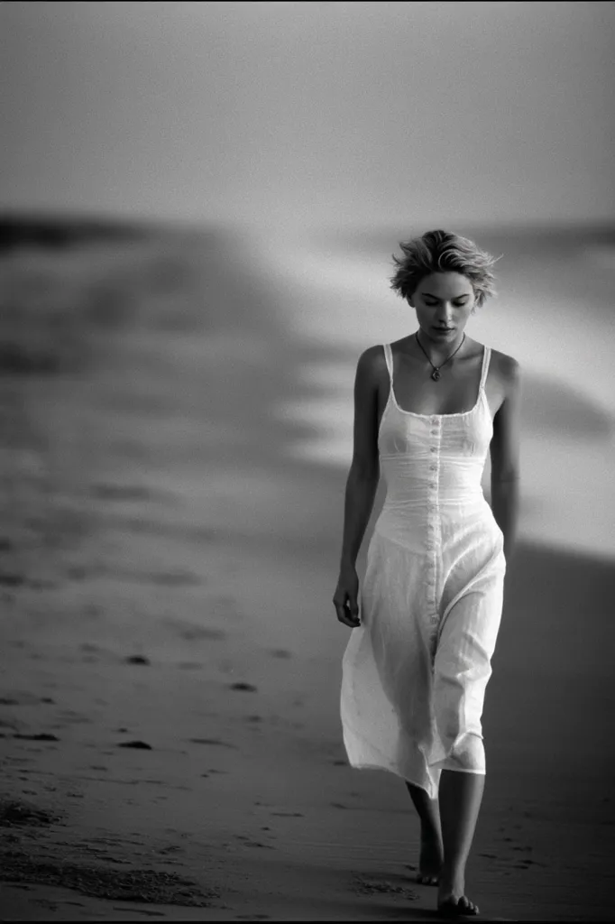 A woman with short hair walks along a beach, her white dress billowing slightly in the breeze.  The monochrome image emphasizes the contrast between the woman's light clothing and the dark sand.  The ocean is visible in the background, blurred by motion, suggesting a sense of movement and time.  Her gaze is downcast, giving an air of pensive solitude.