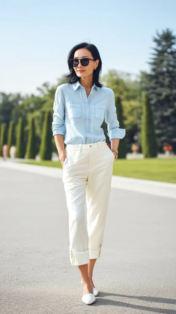 A stylish woman strolls down a paved road, exuding confidence. She's dressed in a light blue, long-sleeved button-down shirt and creamy white cropped trousers with subtly rolled cuffs.  White flats and dark sunglasses complete her effortlessly chic summer look. The background features lush greenery and a sunny sky.