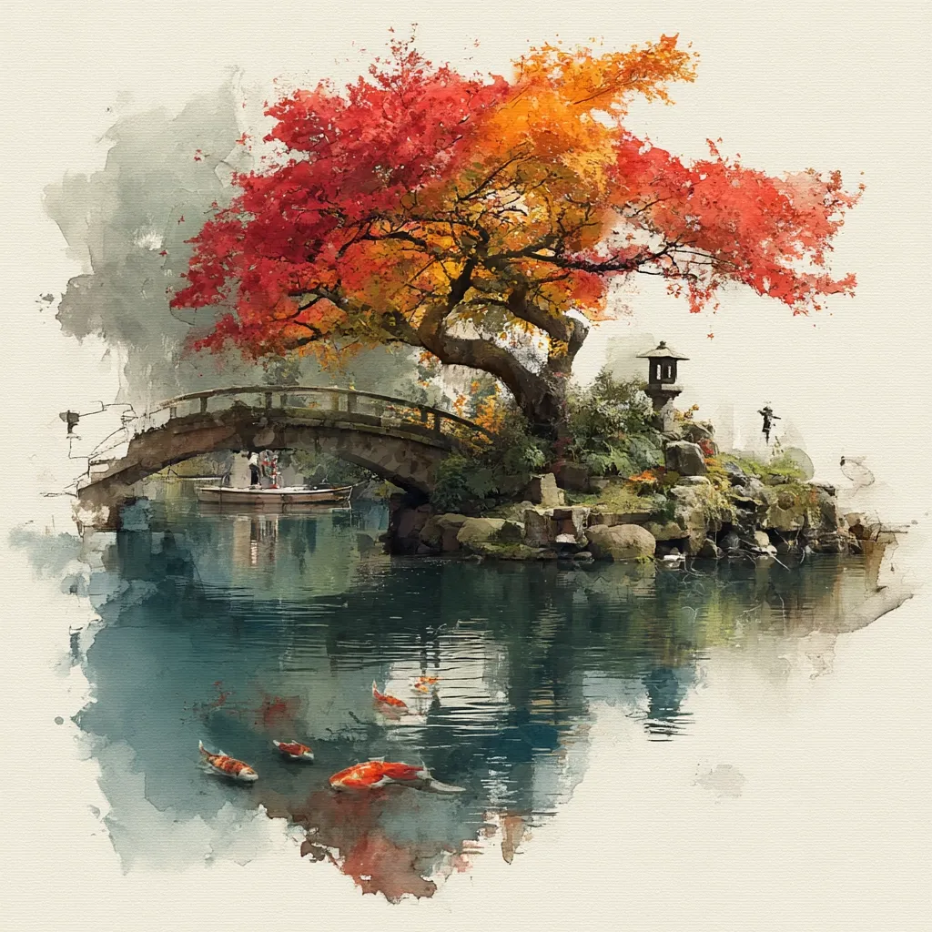 A watercolor painting depicts a serene Japanese garden scene. A stone bridge arches over a calm pond, where vibrant orange koi fish swim.  A large tree, ablaze with autumnal red and gold leaves, stands prominently on a small island.  The tranquil atmosphere is enhanced by a traditional lantern and a small boat under the bridge.  The soft, painterly style creates a peaceful and contemplative mood.