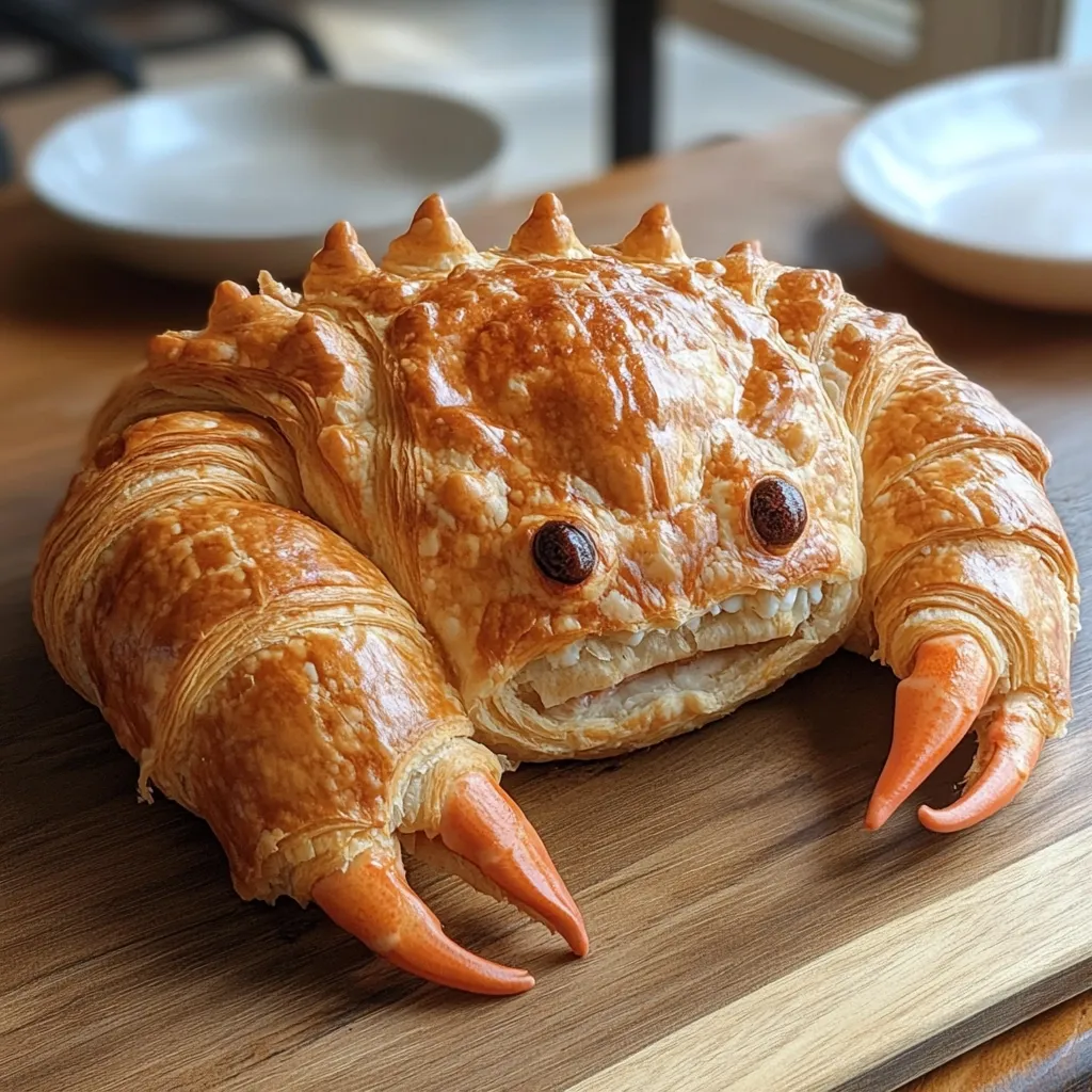 A meticulously crafted croissant shaped like a crab sits on a wooden board.  The pastry is golden brown and flaky, with detailed claw and eye additions.  The realistic crab design is impressive, showcasing a creative culinary skill.  The background features blurry elements suggesting a kitchen or dining setting.