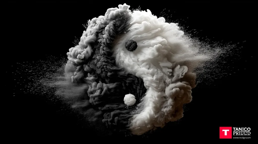A captivating image depicts a yin and yang symbol rendered in swirling black and white ink clouds against a stark black background.  The ink expands outwards, creating a dynamic visual effect with small particles spraying from the edges.  The contrasting colors and explosive form create a powerful representation of balance and opposing forces. The overall aesthetic is striking and abstract.