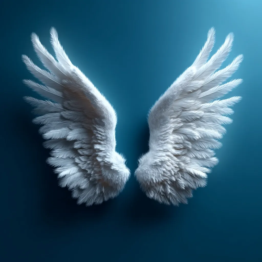 A pair of large, white, feathered wings are depicted against a deep teal background.  The wings are softly lit, creating a gentle glow around their edges.  They are intricately detailed, suggesting a sense of ethereal beauty and often associated with angelic or spiritual imagery. The overall image evokes feelings of purity, hope, and freedom.